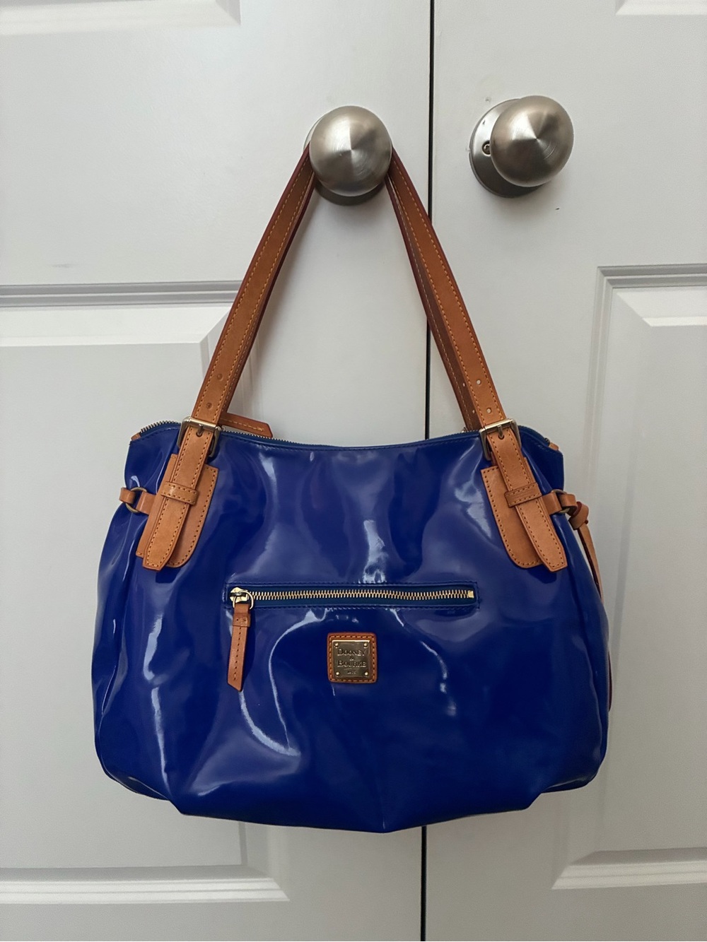 Dooney & Bourke Royal Blue Patent Shoulder Bag with Tan Trim